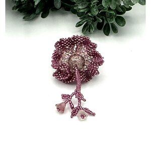 Handcrafted Beaded Pink Flower Brooch With Dangling Petals Intricate Design Meta